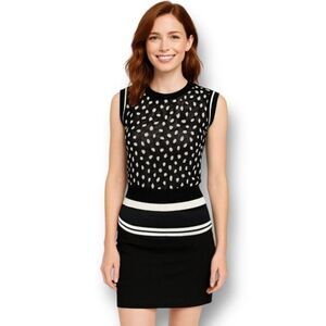 Bar III Black White Polka Dot Sheer Stretch Knit Top Preppy Career Size Small